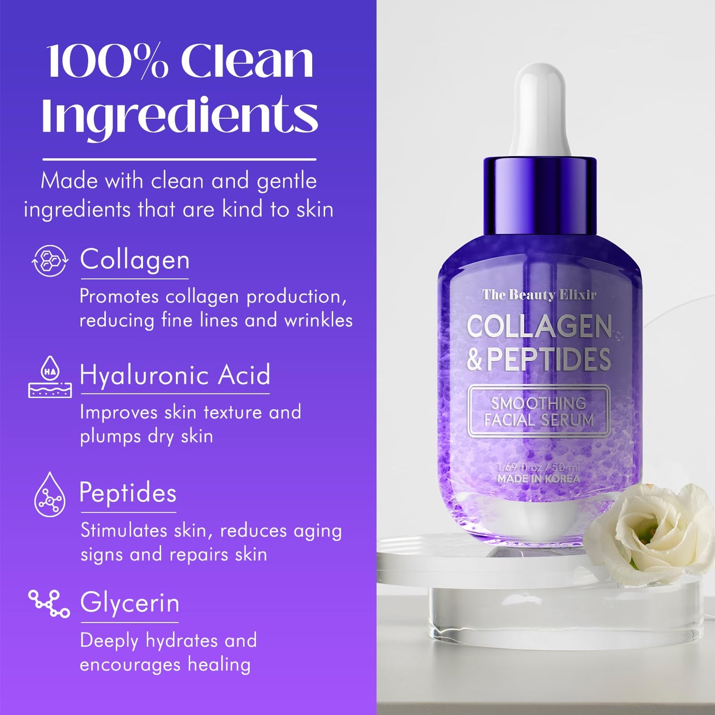 Collagen & Peptides Serum for Face - Dermatologist Tested, Anti-Aging, Hydrating & Repairing Treatment for Fine Lines & Wrinkles - Clean Beauty, Cruelty-Free Korean Skincare - 1.69Oz